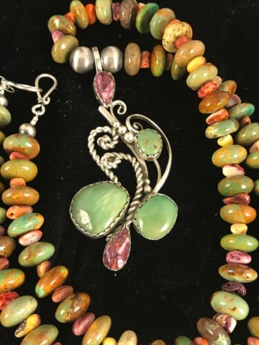 Navajo Green Turquoise & Spiny Oyster Pendant Necklace | Authentic Native American Sterling Silver | Multi-Stone | 8488