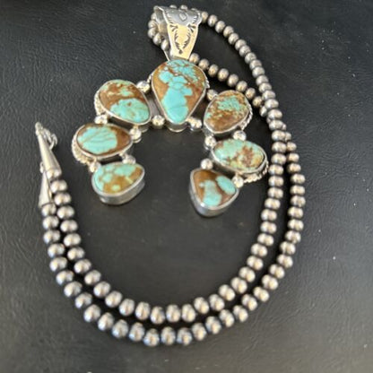 Navajo Blue #8 Turquoise Squash Blossom Necklace Pendant | Authentic Native American Sterling Silver | Naja | 14241