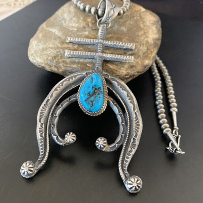 Navajo Kingman Turquoise Naja Pendant | Sterling Silver | Authentic Native American Handmade | 11518