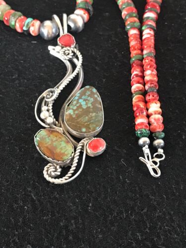 Navajo Turquoise #8 & Spiny Oyster Pendant Necklace | Sterling Silver | Native American Handmade | 8646