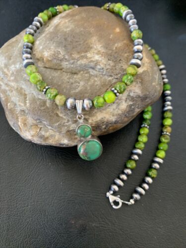 Navajo Green Gaspeite Turquoise Pendant | Sterling Silver | Authentic Native American Handmade | 12267