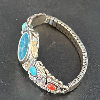 Navajo Blue Turquoise & Coral Watch Tips | Sterling Silver | Authentic Native American Jewelry | 14325