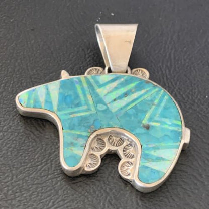 Navajo Blue Turquoise Opal Inlay Pendant | Sterling Silver | Authentic Native American Handmade | 12603