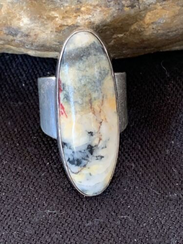 Southwestern Navajo Cinnabrite Ring | White Black | Sterling Silver | Sz 6.5 | 1550