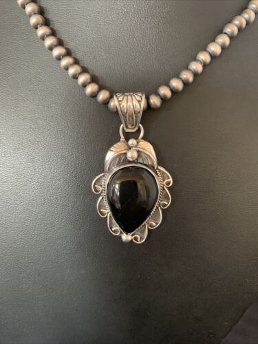 Navajo Pearls Black Onyx Necklace Pendant | Sterling Silver | Authentic Native American Handmade | 13095