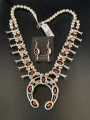 Navajo Coral Squash Blossom Necklace & Earrings Set | Sterling Silver | Authentic Native American Handmade | 13361