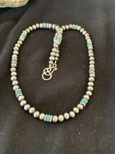 Authentic Native American Navajo Pearls Blue Turquoise Necklace | Sterling Silver Beads | Single Strand | 19" | 227