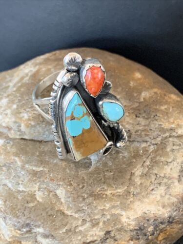 Southwestern Multi-Stone Men's Ring | Authentic Native American Sterling Silver | Turquoise & Spiny Oyster | Sz 11 | 02166
