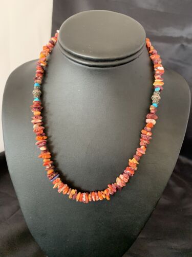 Navajo Spiny Oyster & Turquoise Necklace | Sterling Silver | 16" | Authentic Native American Handmade | 10693