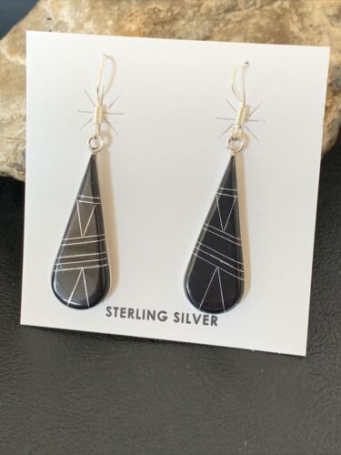 Navajo Black Onyx Inlay Dangle Drop Earrings | Sterling Silver | 1.5" | 12312 - Masha USA