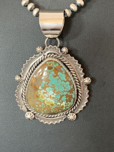 Native American Men's Sterling Silver Turquoise #8 Pendant | Navajo Pearls Necklace | 208