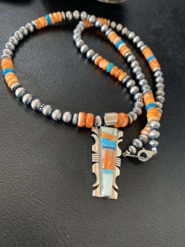Navajo Turquoise Spiny Oyster Inlay Pendant | Sterling Silver | Authentic Native American Handmade | 11800