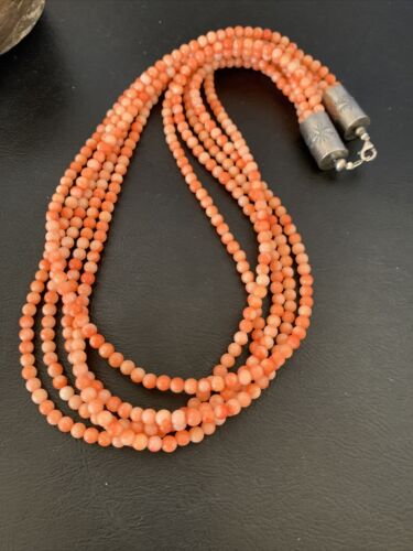 Southwestern Navajo Pink Coral Bead Necklace | 5 Strand | Sterling Silver | 22" | 12509 - Masha USA