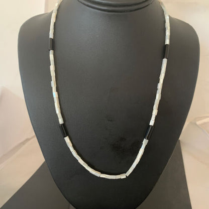 Men's Navajo Onyx & Mother of Pearl Heishi Bead Necklace | Sterling Silver | Authentic Native American Handmade | 20" | 01412