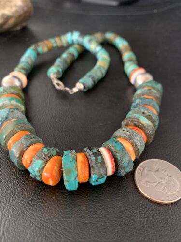 Men's XL Turquoise Heishi & Spiny Oyster Bead Necklace | Sterling Silver | 23" | Authentic Native American | 13977