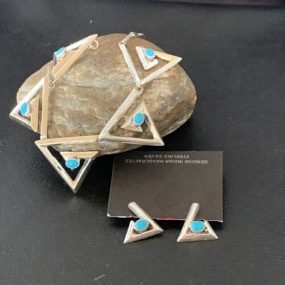 Navajo Squash Blossom Necklace & Earrings Set | Kingman Turquoise | Sterling Silver | Authentic Native American Handmade | 10926