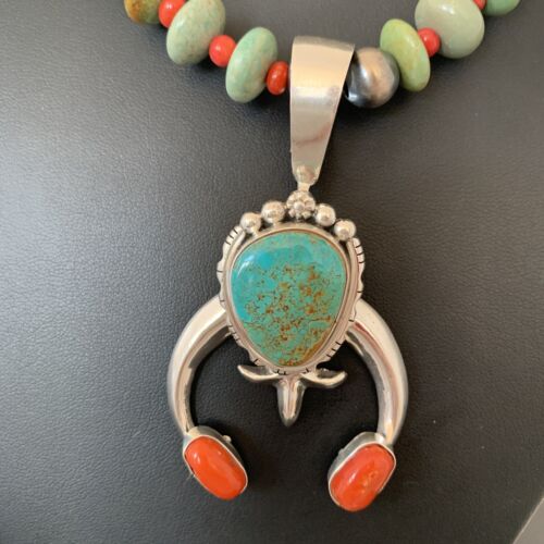 Navajo Royston Turquoise Coral Naja Pendant Necklace | Authentic Native American Sterling Silver | Naja | 1402