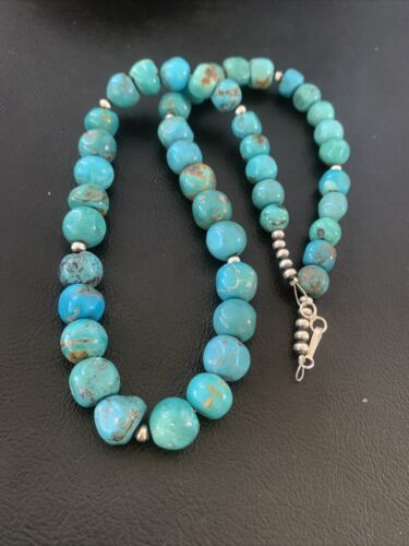 Navajo Blue Turquoise Bead Necklace Pendant | Sterling Silver | Authentic Native American Handmade | 20" | 02205