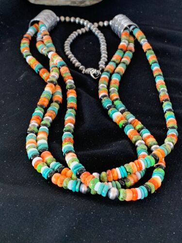 Navajo Green Turquoise, Lapis & Spiny Oyster Necklace | Sterling Silver | Authentic Native American Handmade | 3238