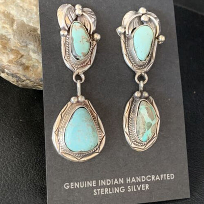 Navajo Blue Dry Creek Turquoise Post Dangle Earrings | Sterling Silver | Authentic Native American Handmade | 13877 - Masha USA