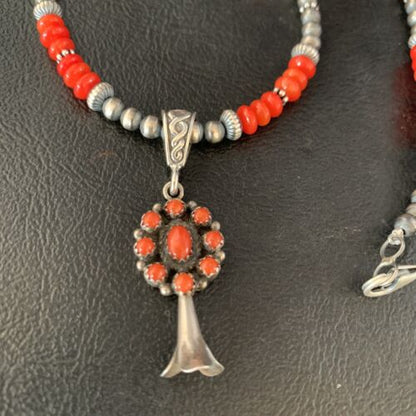 Authentic Navajo Red Coral Naja Pendant Necklace | Sterling Silver | Southwestern Style | 13881