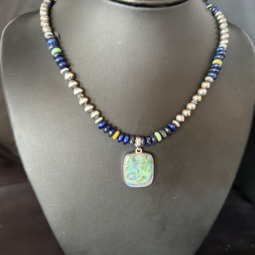 Navajo Green Turquoise Lapis Necklace with Opal Pendant | Sterling Silver | Native American Handmade | 14369