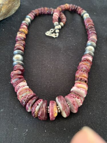 Purple Spiny Oyster Pendant with Sterling Silver Navajo Pearls Necklace | Graduated | Authentic Native American | 17" | 13812