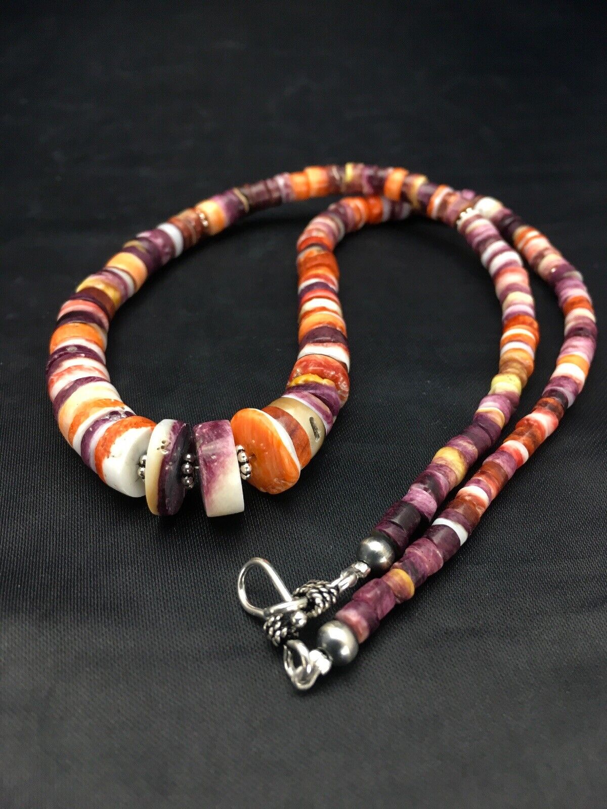 Orange Purple Spiny Oyster Sterling Silver Navajo Necklace Set | Graduated | Authentic Native American Handmade | 20" | 2777