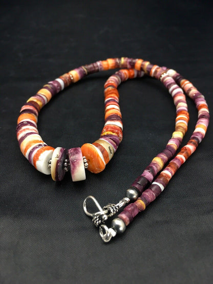 Orange Purple Spiny Oyster Sterling Silver Navajo Necklace Set | Graduated | Authentic Native American Handmade | 20" | 2777