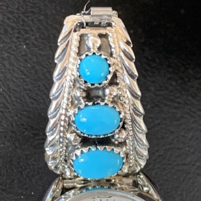 Navajo Sterling Silver Watch Tips with Blue Kingman Turquoise | Stretch Band | Authentic Native American Jewelry | 11578