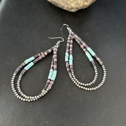 Sugilite Turquoise Heishi Bead Earrings | Sterling Silver | 4" | Authentic Native American Handmade | 14317