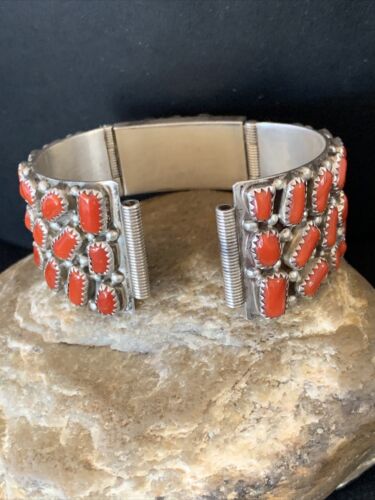 Old Pawn Men's Navajo Sterling Silver Watch Bracelet with Red Coral | Authentic Native American Jewelry | 12152