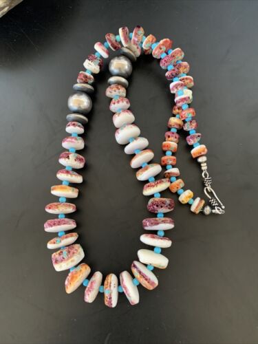 Navajo Purple Spiny Oyster & Turquoise Graduated Necklace | Sterling Silver | Authentic Native American | 20" | 11391