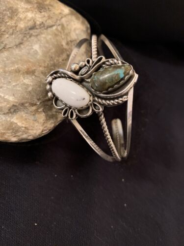 Navajo White Buffalo Turquoise Cuff Bracelet | Sterling Silver | Authentic Native American Handmade | 347