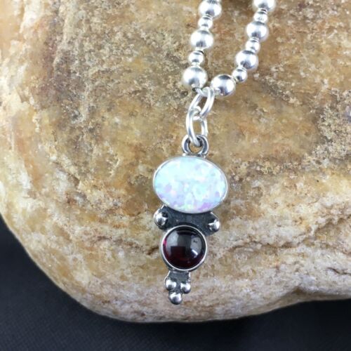 Children's Sterling Silver Necklace with Opal Garnet Pendant | 15" | Authentic Native American Handmade | 10132