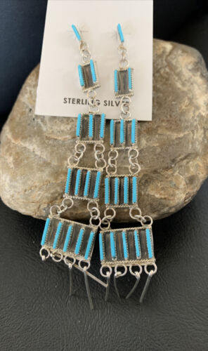 Zuni Handmade Kingman Turquoise Needle Point Dangle Earrings | Sterling Silver | 12123