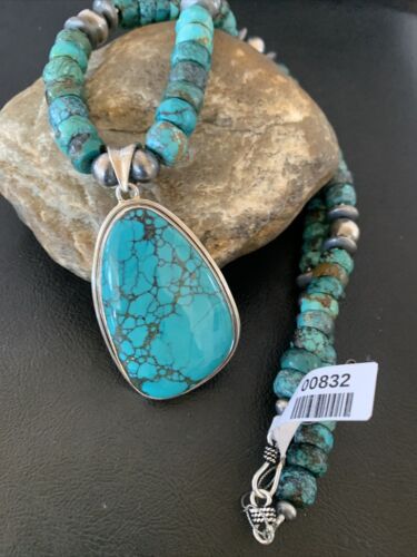 Navajo Pearls Spiderweb Beads Turquoise Necklace Pendant | Sterling Silver | Authentic Native American Handmade | 832