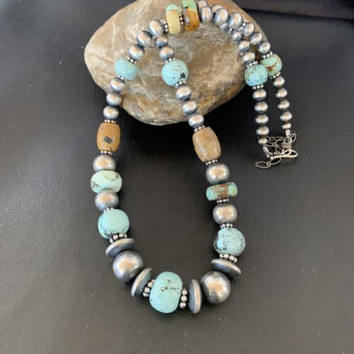 Navajo Pearl Dry Creek Turquoise Beads Necklace | Sterling Silver | 21" | Authentic Native American Handmade | 10980