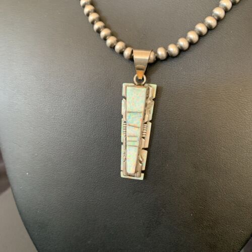 Navajo White Opal Inlay Pendant | Sterling Silver | 2" | Authentic Native American Handmade | 10917