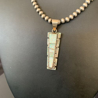Navajo White Opal Inlay Pendant | Sterling Silver | 2" | Authentic Native American Handmade | 10917