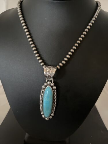 Men's Kingman Turquoise Pendant | Navajo Pearl Sterling Silver Necklace | Authentic Native American Handmade | 1070