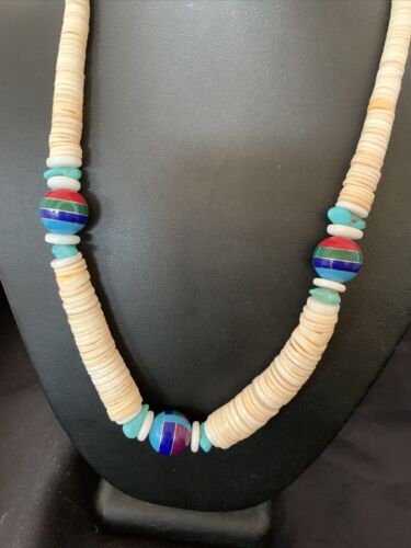 Authentic Native American Santo Domingo Shell & Turquoise 3-Bead Pendant Necklace with Pearls | 20" | 12524