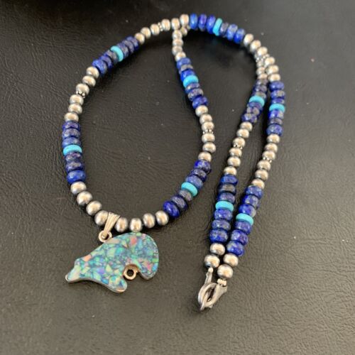 Navajo Bear Pendant | Blue Lapis, Turquoise, Opal | Sterling Silver Necklace | 22" | 13362