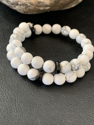 Navajo Memory Wire Bracelet | Stainless Steel | Howlite & Onyx Beads | Sterling Silver | 01956