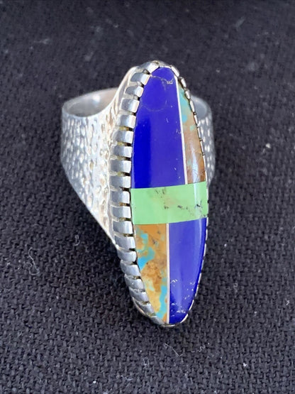 Native American Multi-Color Lapis Turquoise Inlay Ring | Sterling Silver | Sz 7 | 01469 - Masha USA