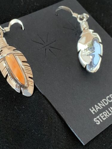 Navajo Orange Spiny Oyster Feather Earrings Set | Sterling Silver | Authentic Native American Handmade | 2741