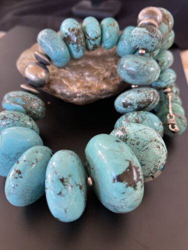 Navajo Blue Turquoise Necklace | Chunky Graduated Sterling Silver Pearls | Authentic Native American Handmade | 19" | 11350 - Masha USA