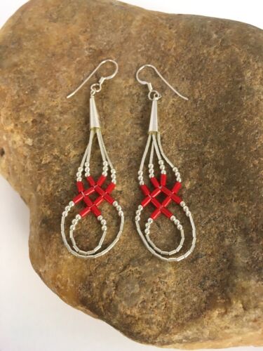 Native American Red Coral Heishi Tube Dangle Earrings | Sterling Silver | 2" | 8877