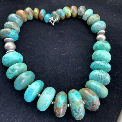 Navajo Pearl Sterling Silver Necklace | Graduated Blue Chunky Turquoise | Authentic Native American | 24" | 01743