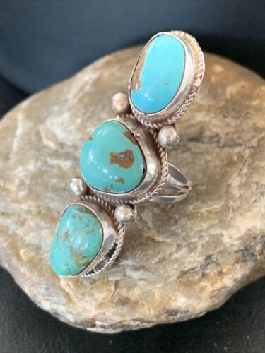 Navajo Blue Turquoise Cluster Ring | Authentic Native American Sterling Silver | Multi-Stone | Sz 10 | 02124